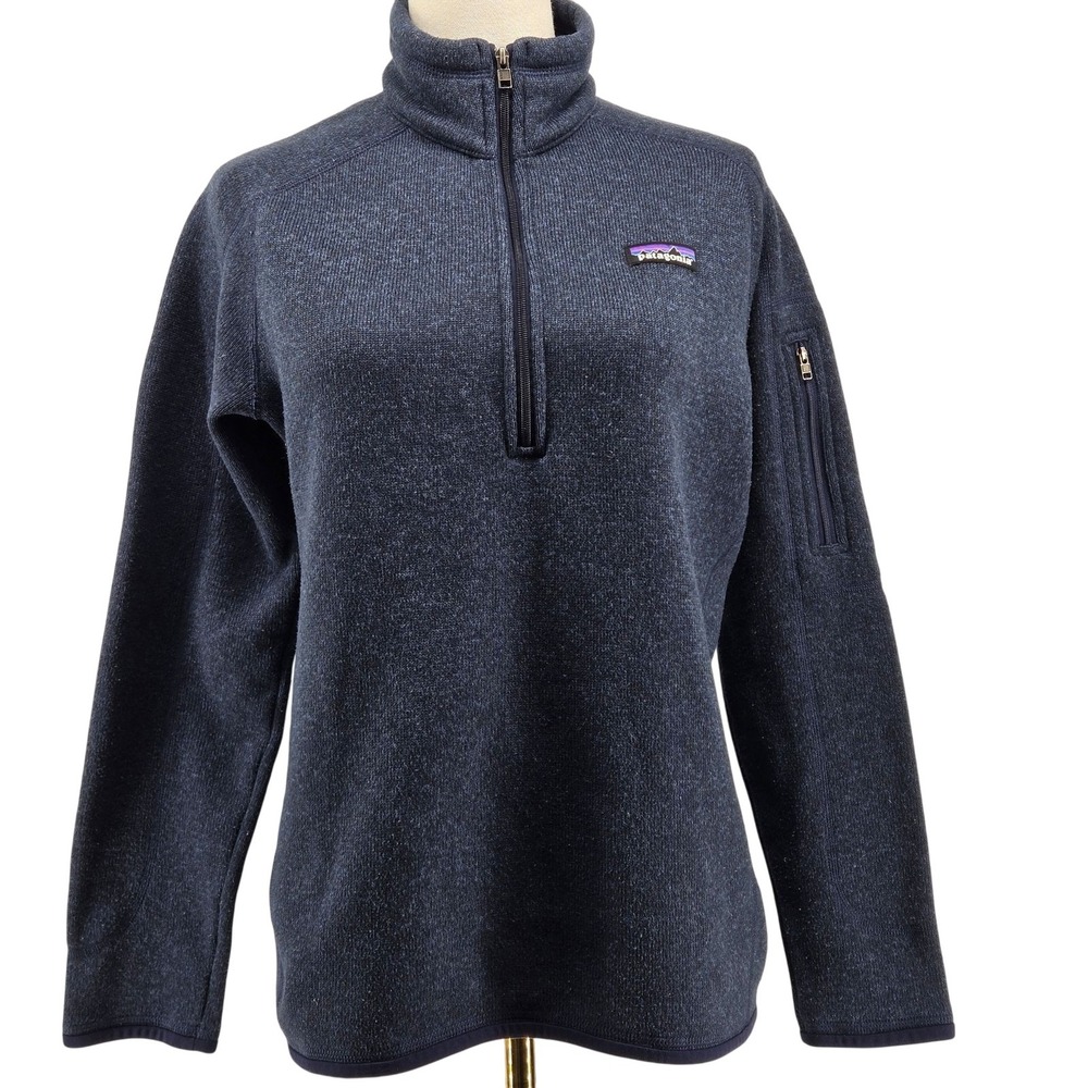 Patagonia Sweater Pullover Womens M Blue 1/4 Zip High Neck Pockets Logo